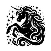 Majestic Silhouette of a Reared Unicorn with Flowing Mane, Surrounded by Stars and Dots, in a Simple Black and White . vector
