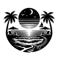 A serene, circular, black and white beach scene under a crescent moon, complete with palm trees, beach chairs, and sailboats. vector