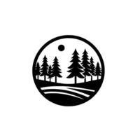Monochromatic Circular Emblem of Forest Scene Silhouette of Pines Under Sun with Rolling Hills in a Minimalist . vector