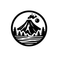 Black and white circular of a volcanic eruption with emitting smoke, and pine trees by the lake, creating a naturethemed illustration. vector