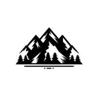Bold Silhouette of Mountains and Pines A Black and White Landscape Composition with Textured Peaks and Dense Evergreens, Set Against a Pristine White Backdrop. vector