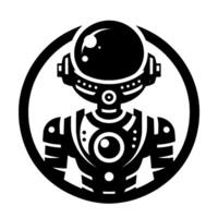 Stylized, monochromatic astronaut set within a circular frame, showcasing a futuristic, detailed robotic with a retrofuturistic aesthetic. vector