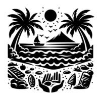Black and white stylized illustration of a tropical beach scene with palm trees, ocean, sailboat, mountain, sun, and various beach objects in a flat . vector