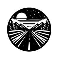 A circular, minimalist illustration in black and white, depicting a road leading into the mountains under a starry night and a stylized moon. vector