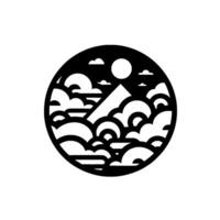 Geometric Black and White Landscape in Circle A minimalist depiction of mountains, clouds, and sun within a circular frame, offering a sense of peace. vector