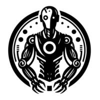 Abstract Robot Silhouette within a Circular Frame, Featuring Symmetrical , Bold Lines, and Modernistic Aesthetics in Black and White. vector