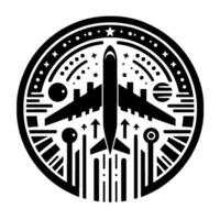 Monochromatic Circular Emblem Airplane, Arrows, Stars, and Geometric Shapes, Representing Flight and Aerospace. vector