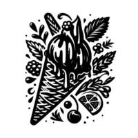 Stylized Black and White Illustration of an Ice Cream Cone with Dripping Ice Cream, Berries, Leafy Sprigs, and Citrus, perfect for a summer . vector