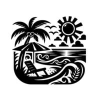 Stylized Black and White Beach Scene with Palm Tree, Sun, Waves, Chair, Umbrella, Birds and Clouds on a White Background. vector