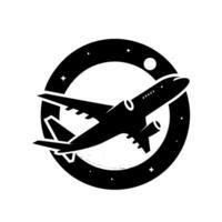 A stylized black silhouette of a jet airplane soaring within a dark circular frame, depicting space with stars and a moon, evoking flight. vector