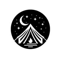 Minimalist Black and White Camping Scene Tent Under Crescent Moon and Starry Night in a Circle. vector