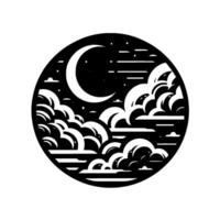 A stylized, monochrome moonlit night scene within a circular frame, featuring clouds, stars, and a crescent moon. vector