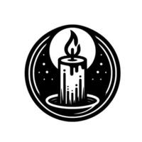 Circular Black and White Illustration of a Lit Candle, with a flame, set against a moon backdrop and stars in the darkness vector