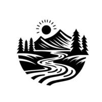 Black and White Nature Stylized River Flowing Through Mountains, Trees, and Sun in a Circular . vector
