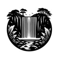Circular Black and White Illustration of a Lush Tropical Waterfall Scene with Trees, Birds, and Flowing Water, contained within a circle shape. vector