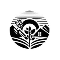 Circular monochrome emblem of a house nestled in a rural landscape, flanked by trees, fields, and mountains, under a stylized sun and sky. vector