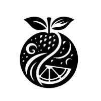 Minimalist Black and White Illustration of an Orange with Abstract Swirls, Slice, and Leafy Elements vector