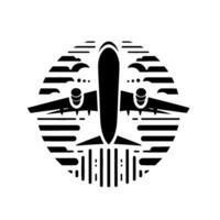 Bold Silhouette of an Airplane Centered Within a Circle Composed of Horizontal Lines, Clouds Vertical Lines, Black on White. vector