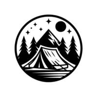 Black and White Circular Camping Scene A tent nestled below mountains and pine trees under a starry sky and the moon. vector