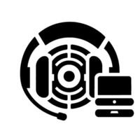 Black and white depicting a headset integrated with a server, symbolizing customer service and data management. vector