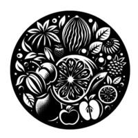 A black and white circular illustration of various fruits lemon, watermelon, apple, berries, and foliage, arranged in a stylized, decorative . vector