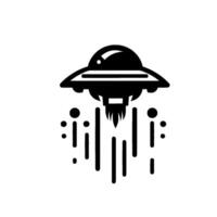 Stylized, black and white illustration of a UFO taking off, with exhaust and abstract trail elements. vector