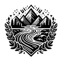 A symmetrical black and white minimalist featuring a river flowing from mountainous peaks with pine trees, framed by laurel leaves. vector