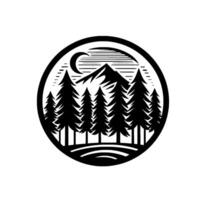 Black and white circular emblem featuring a stylized mountain range, pine forest silhouette, crescent moon, and starry night effect. vector
