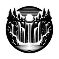 Black and white circular illustration of a waterfall cascading from a mountain range, framed by pine trees, with a sun in the background. vector
