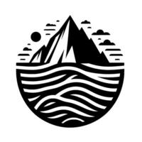 Abstract black and white emblem with mountain peaks, water, sun, and clouds, representing nature, and a stylized minimal . vector
