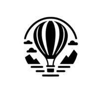 Black and white minimalist of a hot air balloon over mountains, clouds and water, contained within a circle. vector