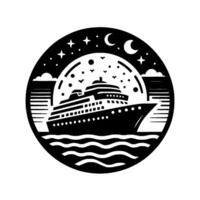 Black and white minimalist illustration of a cruise ship sailing under a starlit night sky with crescent moons, inside a circular frame with stylized waves. vector