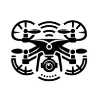 Black and White Drone Silhouette with Camera, Propellers, and Signal Radiating on White Background. vector