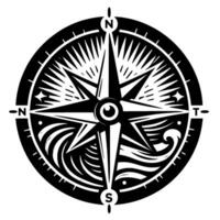 A stylized black and white compass rose illustration with nautical wave patterns, and the cardinal points labeled in a circular frame. vector