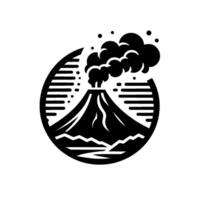 Monochrome Volcanic Eruption Silhouette within a Circle A stylized depiction of an erupting volcano, smoke billowing, enclosed by a segmented circular frame. vector