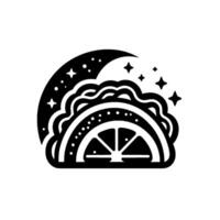 Celestial Taco Black and white illustration of a taco shell with a citrus slice filling, moon, stars, and dotted details, on white background. vector
