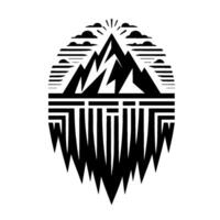 Black and White Mountainscape Emblem Geometric peaks, stylized clouds, and linear reflection, representing nature and adventure. vector