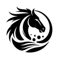Elegant Black Horse Head Within a Circular Frame, Featuring Flowing Mane and Decorative Elements, Minimalist . vector