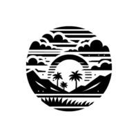 Black and White Circular Tropical Scene Palm Trees, Clouds, Mountains, and a Rainbow, Illustrative . vector