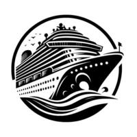 Monochromatic Cruise Ship Illustration Inside a Circular Frame with Waves, Birds, and a Flag, Representing Travel. vector