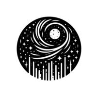 Celestial Sphere A minimalist black and white illustration of a starry night scene with a spiral galaxy, moon, and stylized vertical elements creating a sense of wonder. vector