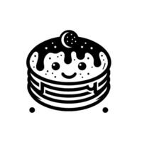 Whimsical Black and White Pancake Character with Smiling Face, Drizzled with Syrup and Topped with a MoonShaped Cookie on White Background. vector