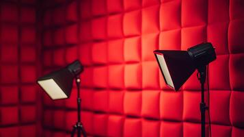 Two black lights are set up in front of a red wall photo