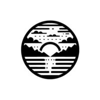 Minimalist Black and White Circular Illustration Mountains, Lake, Sunset, and Clouds Within a Circle Frame. vector