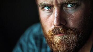 Intense gaze of a man with a ginger beard Detailed close up showing his weathered skin and strong expression great portrait photo