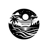 Silhouette of a coastal city scene in a circular frame, featuring a palm tree, bridge, lighthouse, and sun with clouds, in black and white. vector