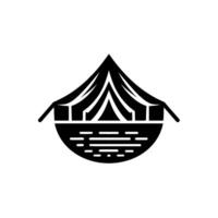 Black and white minimalist illustration of a tent with a halfcircle base, set against a white backdrop. vector
