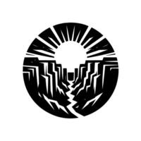 Geometric, circular, black and white illustration of a canyon with a radiant sunburst and a crevice, creating dramatic visual contrast. vector