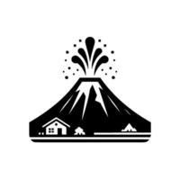 Black and white stylized illustration of a volcano erupting with a house and small mountain silhouette below, on a plain background. vector