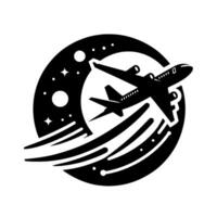 Silhouette of an airplane soaring through a starry night sky, stylized within a circular emblem. vector
